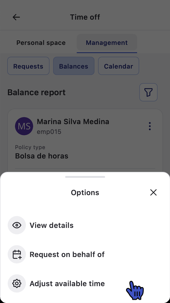 Options menu of a balance card with the Adjust available time option highlighted