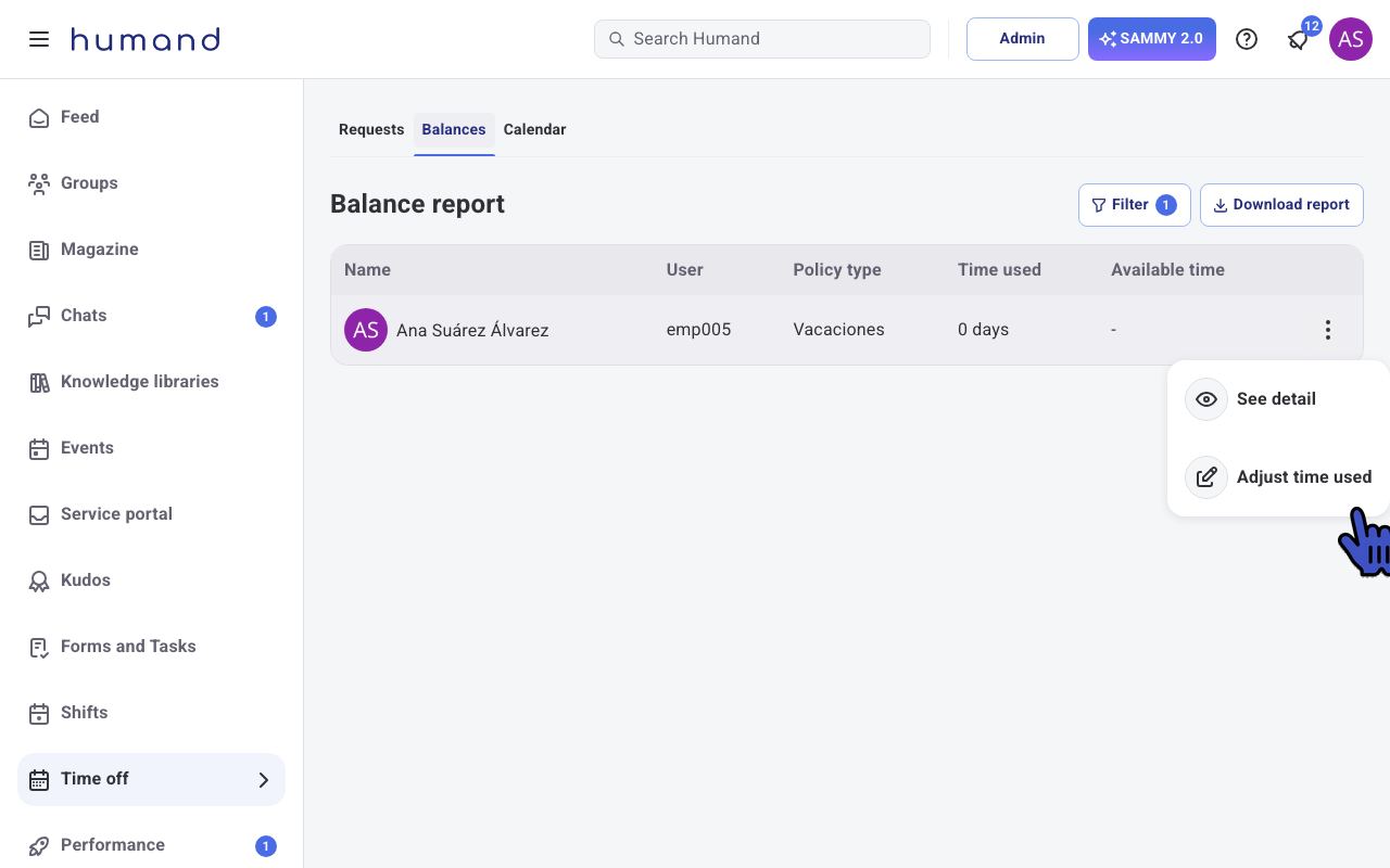 Actions menu of a row with an unlimited balance policy and the Adjust time used option highlighted