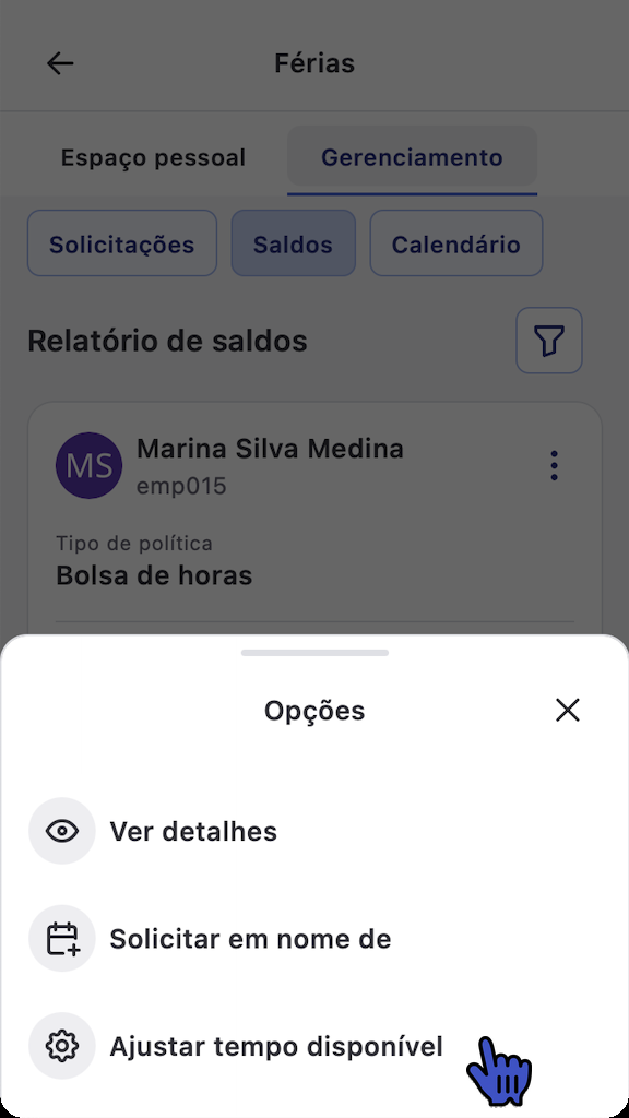 Menu Opções de um cartão de saldo com a opção Ajustar tempo disponível destacada