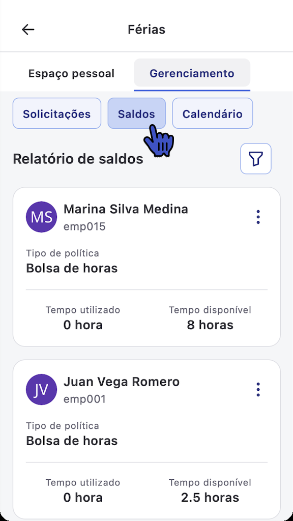 Relatório de saldos no Humand App com a aba Saldos destacada