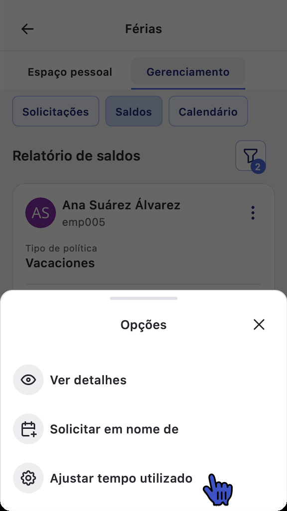 Menu Opções de um cartão de saldo com a opção Ajustar tempo utilizado destacada