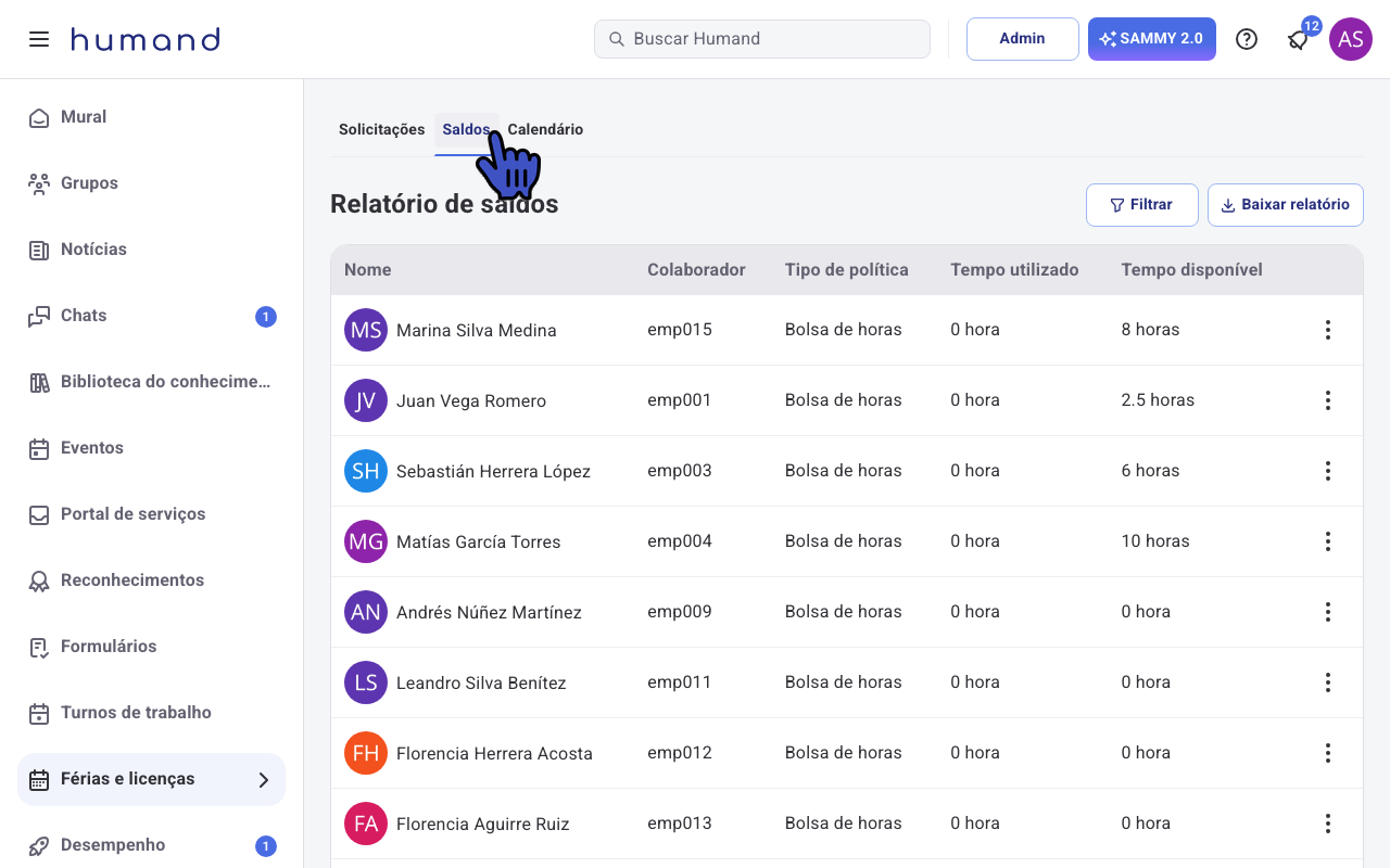 Relatório de saldos no Humand Web com a aba Saldos destacada