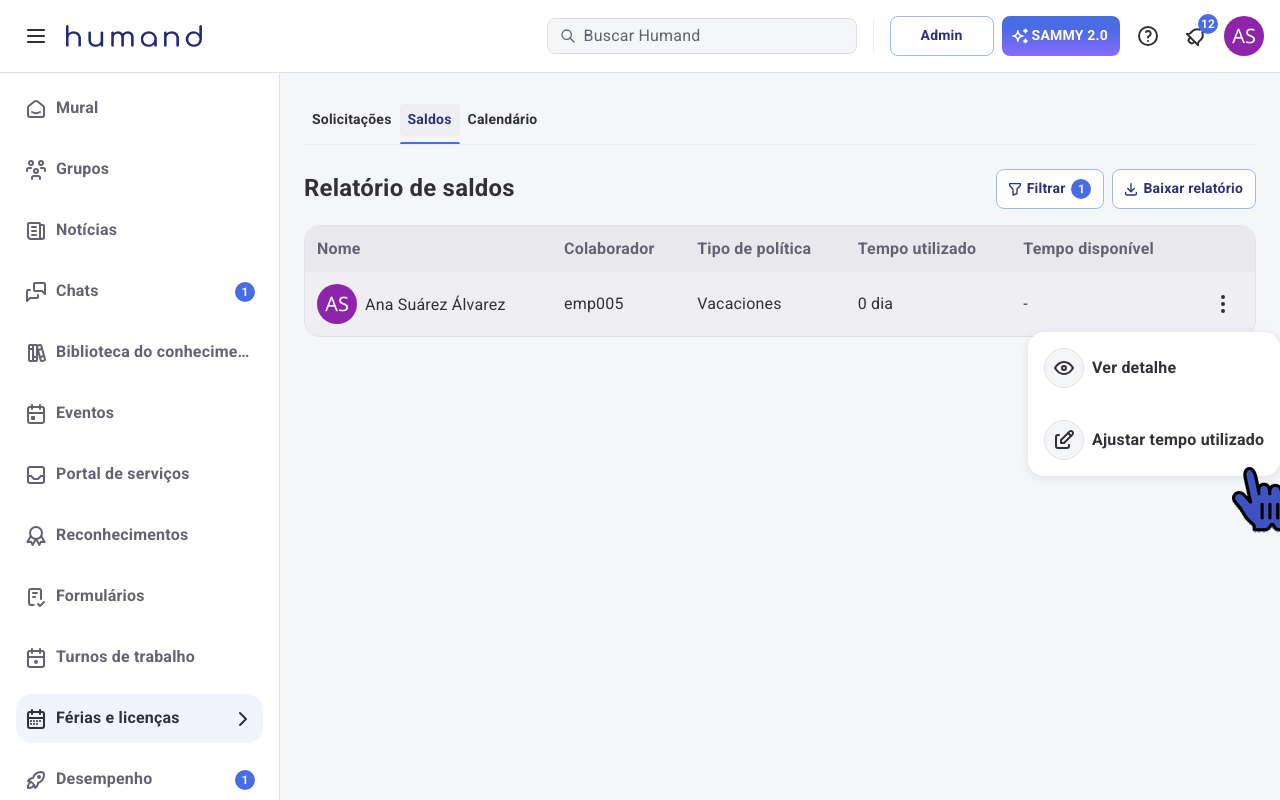 Menu de ações de uma linha com política de saldo ilimitado e a opção Ajustar tempo utilizado destacada