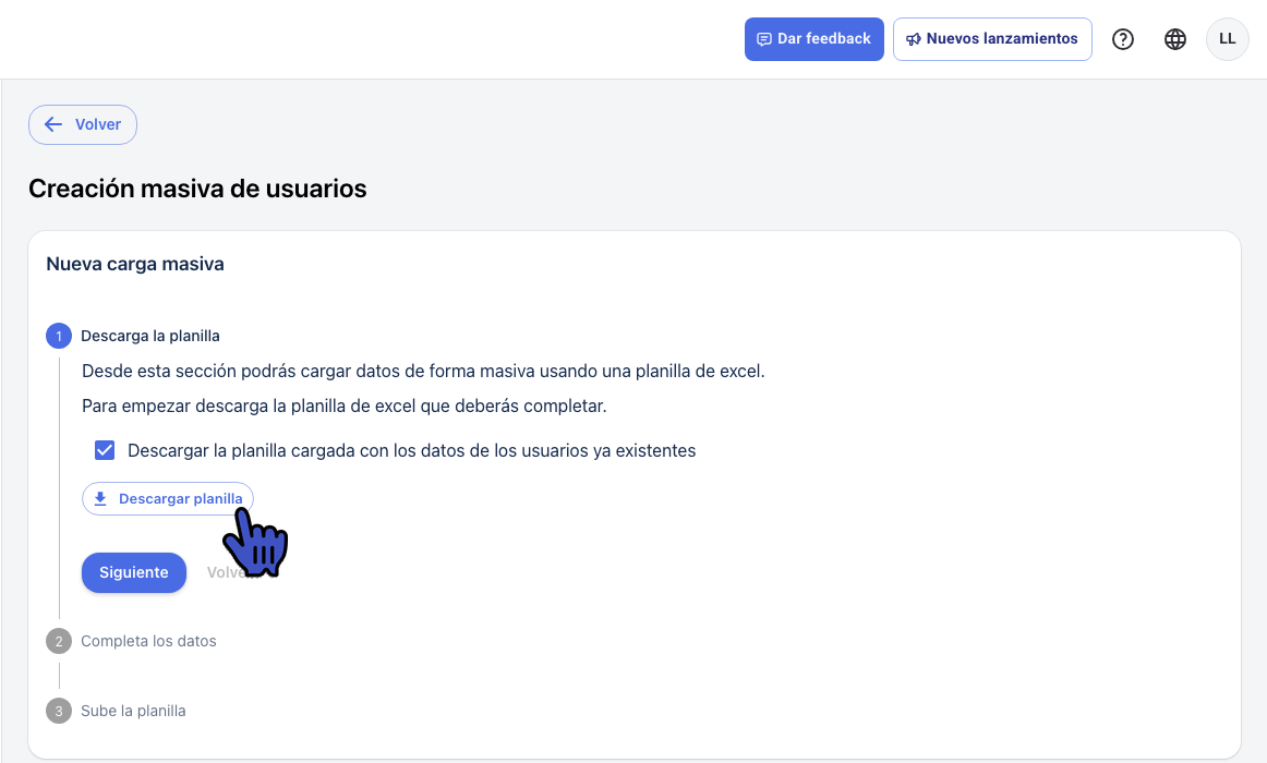 Paso Descarga la planilla con la casilla de usuarios existentes marcada y el botón Descargar planilla