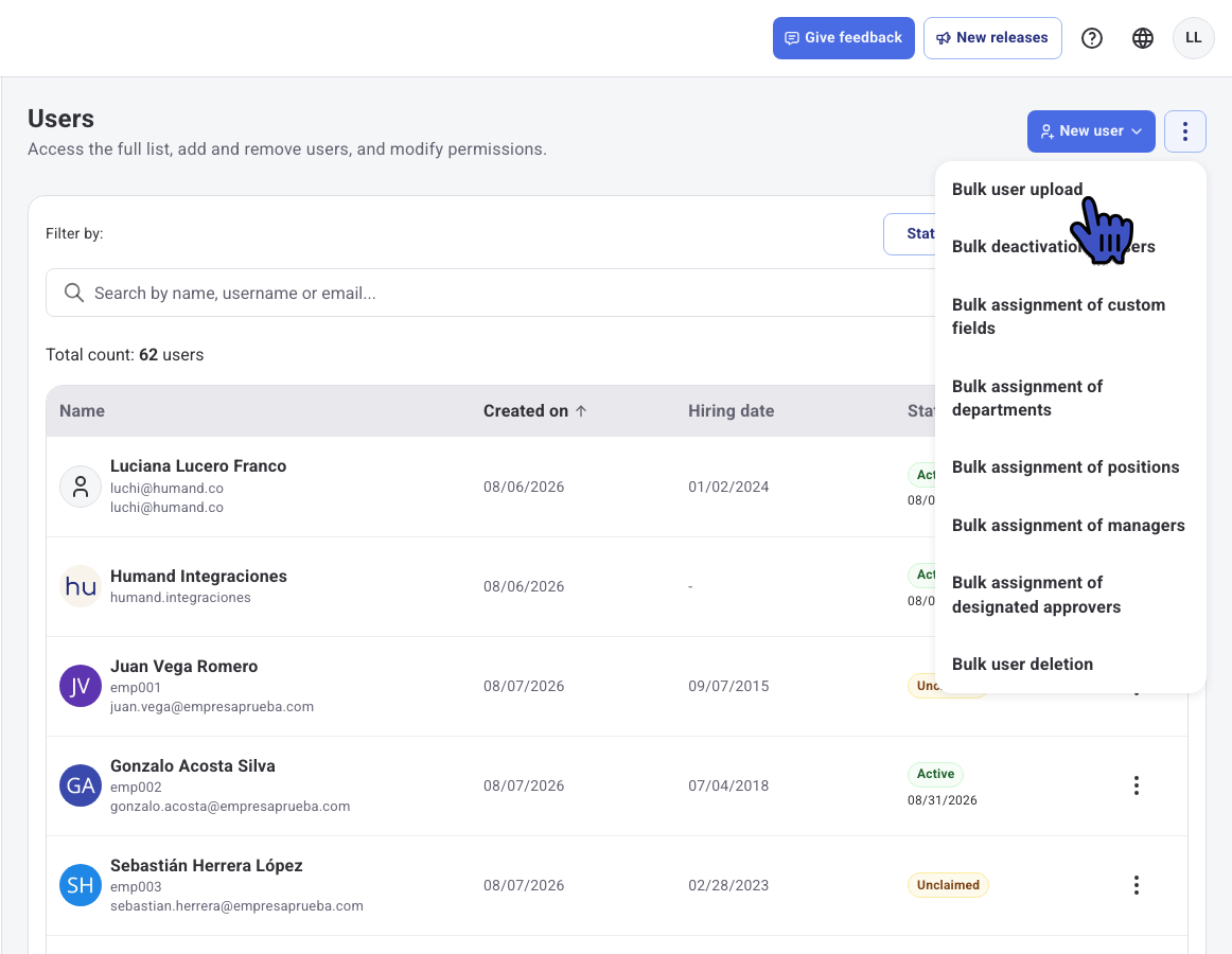 Users list with the three-dot menu open and the Bulk user upload option