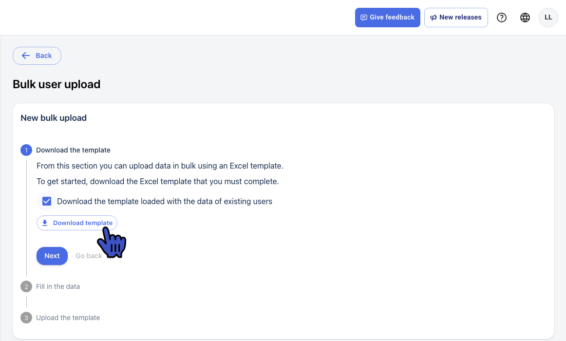 Download the template step with the existing users box checked and the Download template button