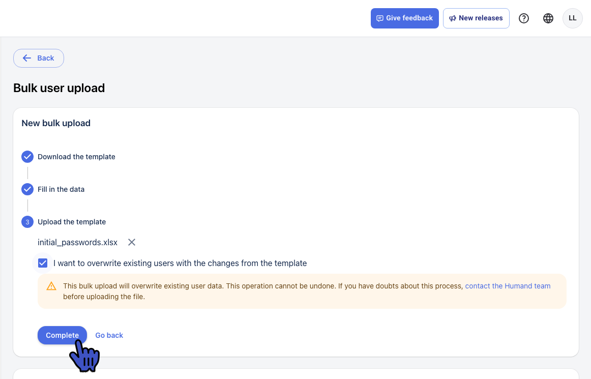 Upload the template step with the file selected, the overwrite box checked and the Complete button