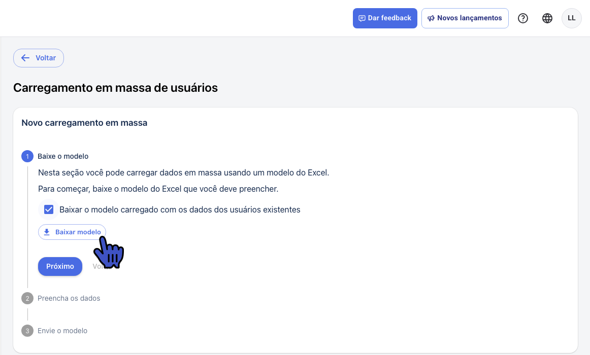 Etapa Baixe o modelo com a caixa de usuários existentes marcada e o botão Baixar modelo