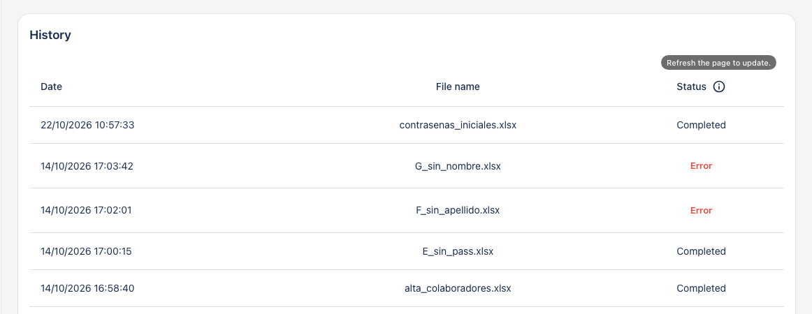 Bulk upload history with the password template in Completed status
