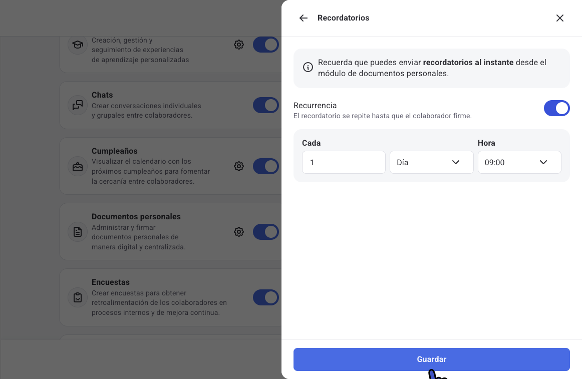 Panel Recordatorios con Recurrencia activada y los campos Cada y Hora