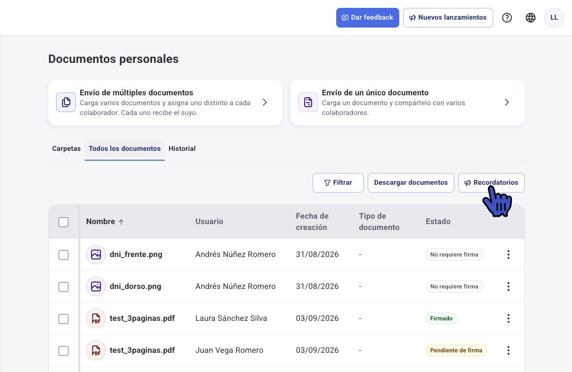 Pestaña Todos los documentos con el botón Recordatorios junto a Filtrar y Descargar documentos