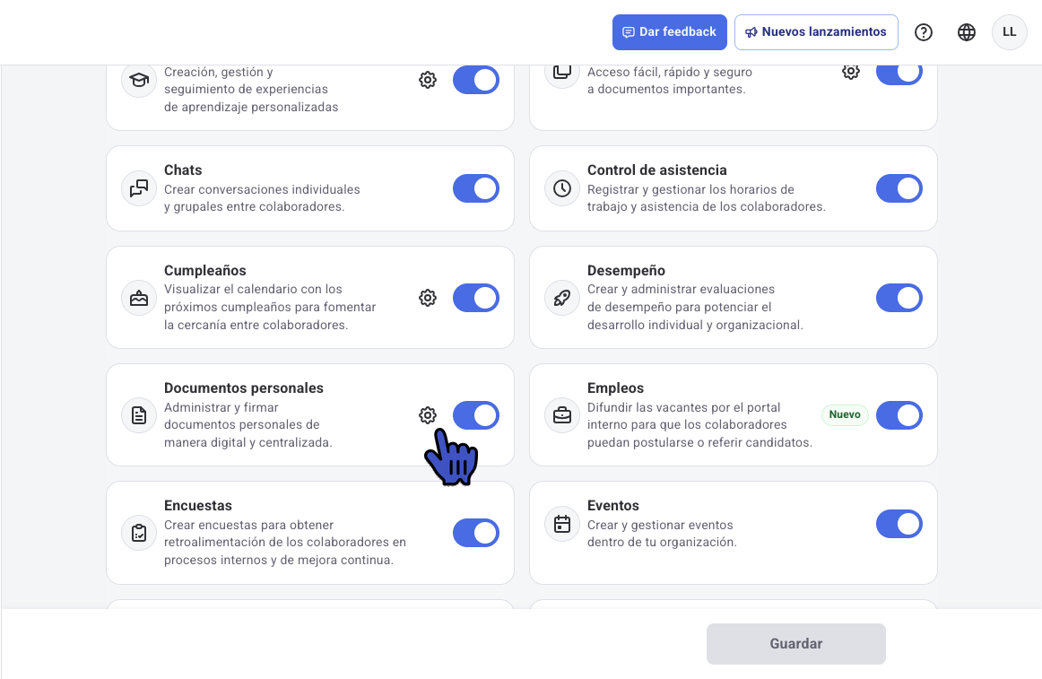 Listado de Apps con el ícono de configuración de Documentos personales