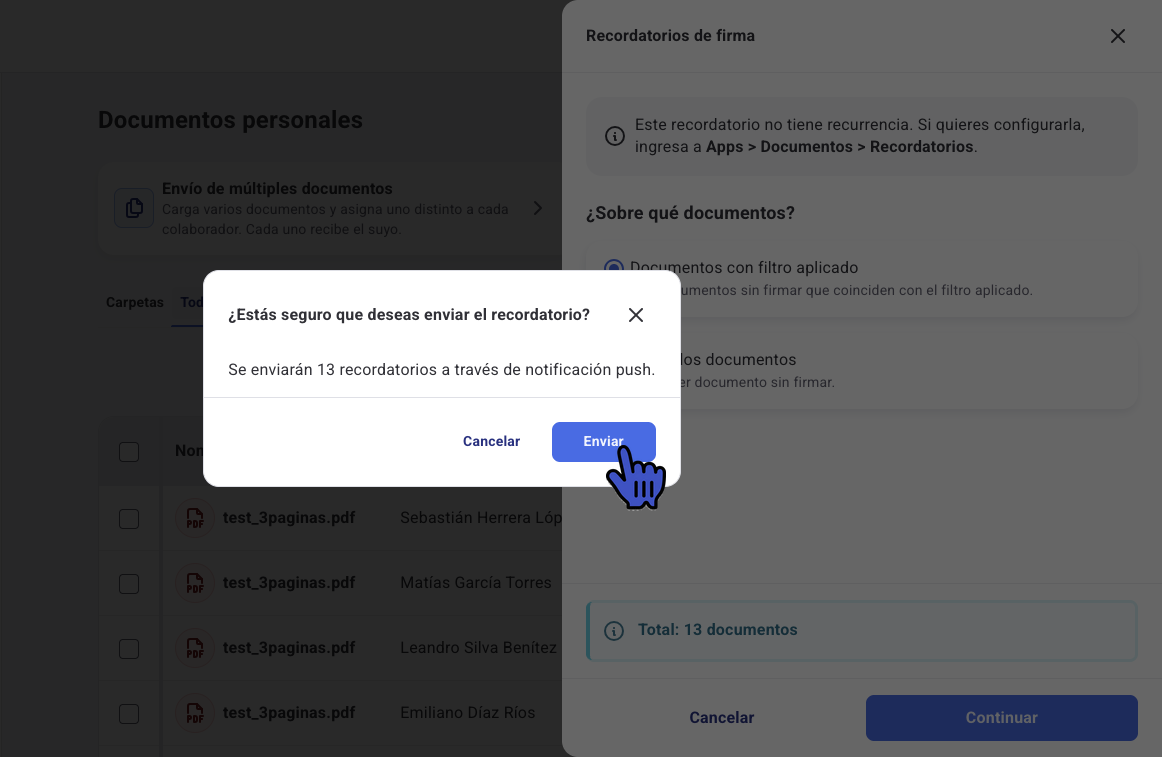 Confirmación ¿Estás seguro que deseas enviar el recordatorio? con la cantidad de recordatorios y el botón Enviar