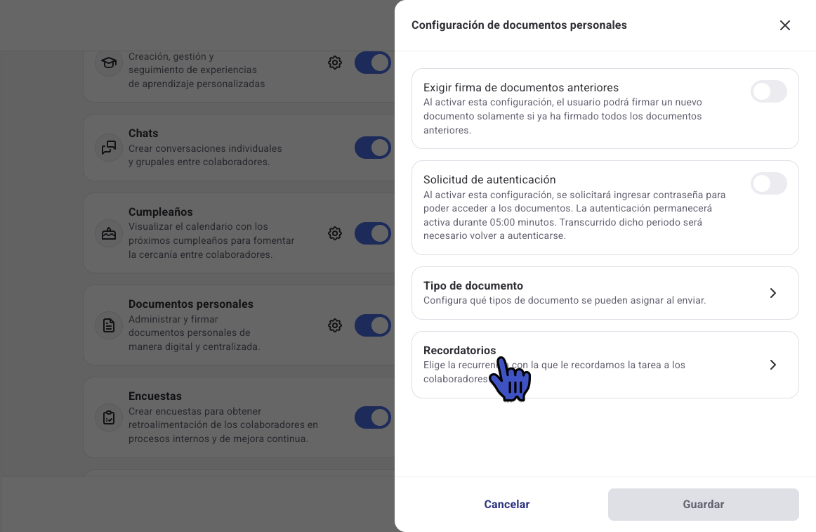 Panel Configuración de documentos personales con la opción Recordatorios