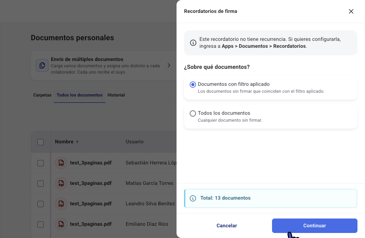 Panel Recordatorios de firma con las opciones Documentos con filtro aplicado y Todos los documentos, y el total de documentos