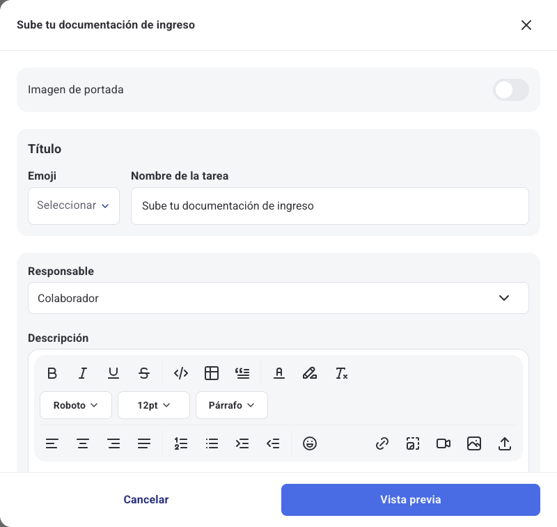 Formulario de la acción Solicitar documentos con el nombre de la tarea, el responsable y la descripción