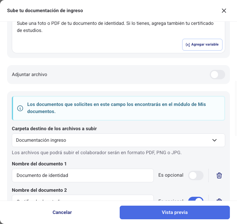 Carpeta destino de los archivos y lista de documentos solicitados