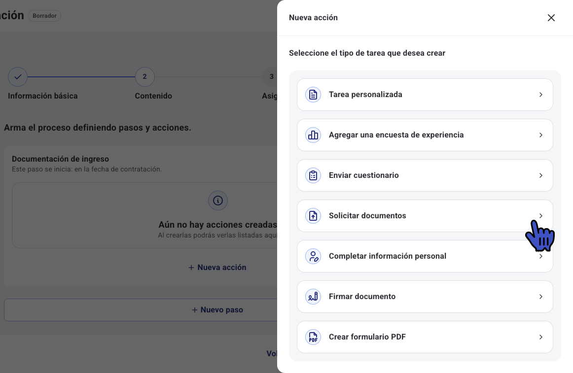 Panel Nueva acción con la opción Solicitar documentos