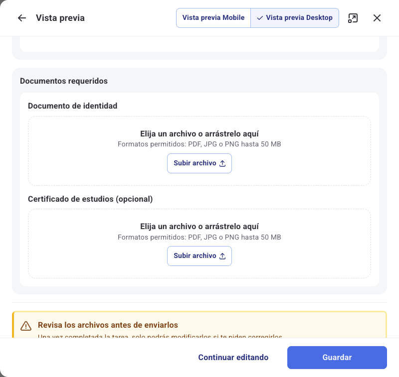 Vista previa de la tarea con el documento obligatorio y el certificado de estudios marcado como opcional