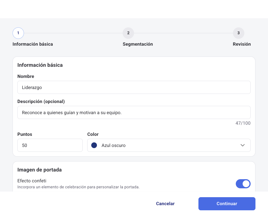 Paso Información básica de una nueva categoría con nombre, descripción, puntos y color