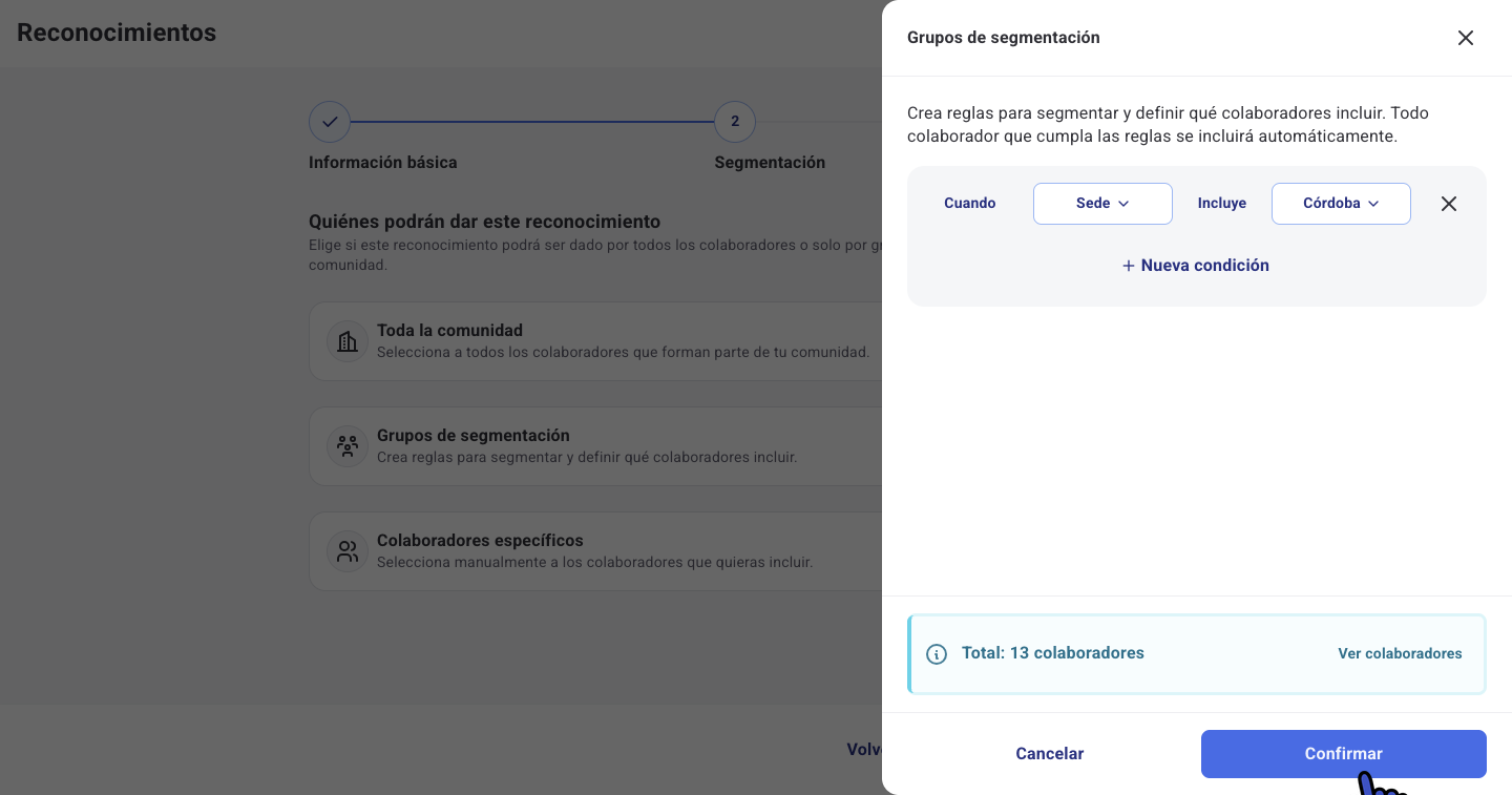 Panel Grupos de segmentación con la regla Sede incluye Córdoba y el total de colaboradores