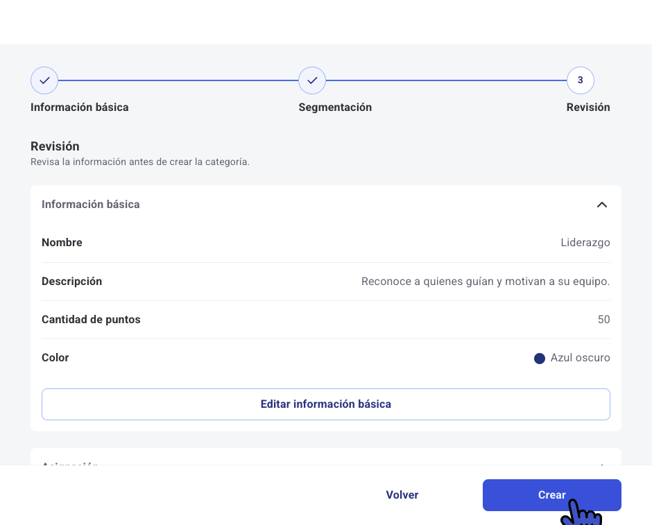 Paso Revisión con el resumen de la categoría y el botón Crear