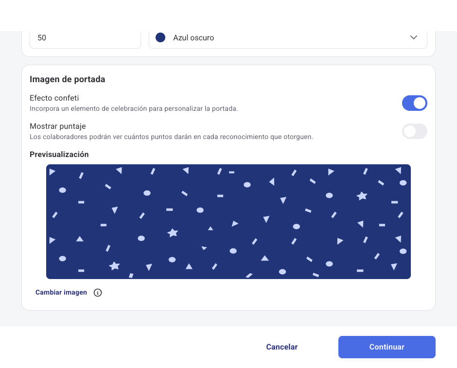 Sección Imagen de portada con Efecto confeti, Mostrar puntaje y la previsualización