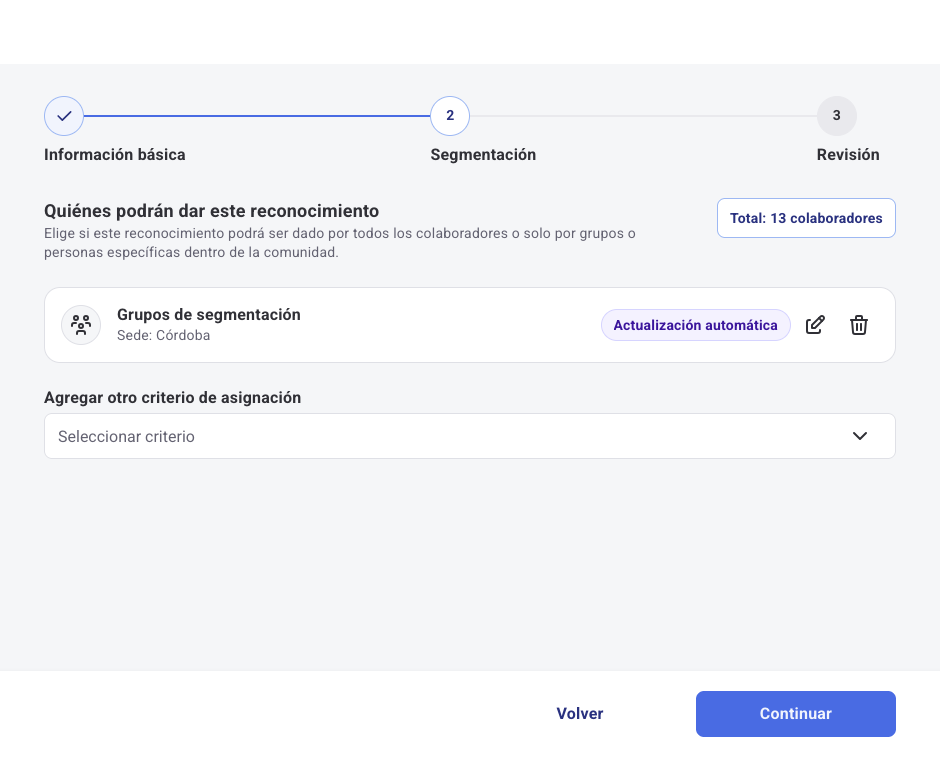 Paso Segmentación con el criterio Sede Córdoba aplicado y el total de colaboradores