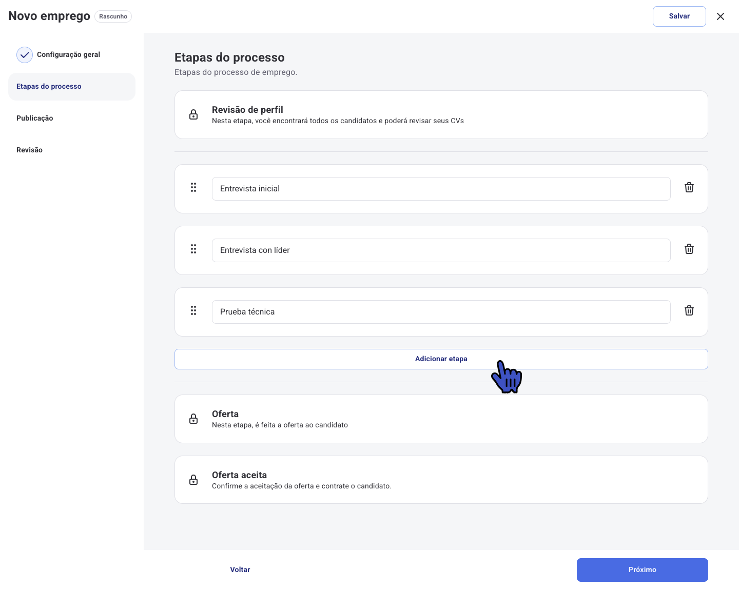Etapa Etapas do processo com etapas fixas, três etapas personalizadas e o botão Adicionar etapa