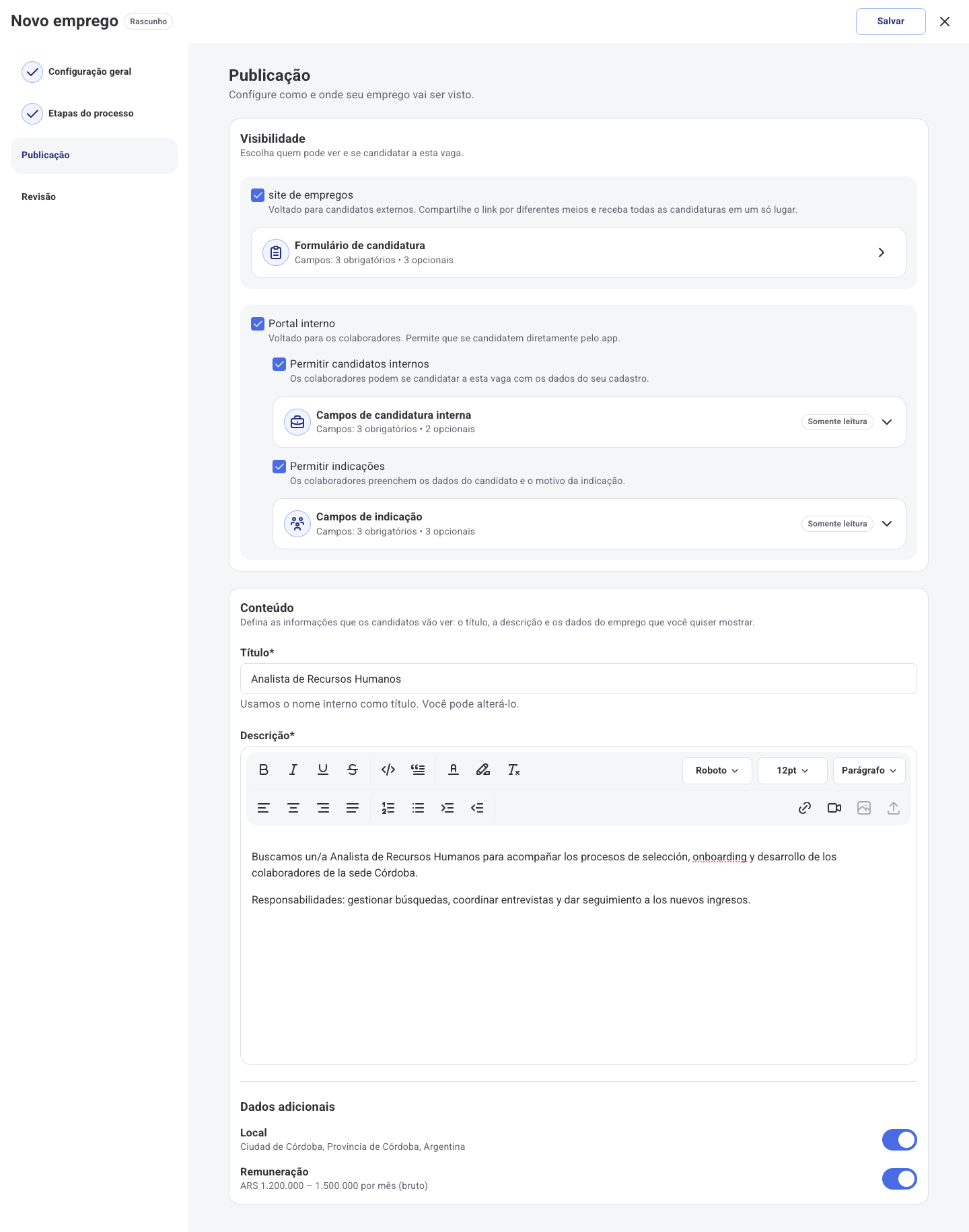 Etapa Publicação com a visibilidade em site de empregos e Portal interno, o conteúdo e os dados adicionais