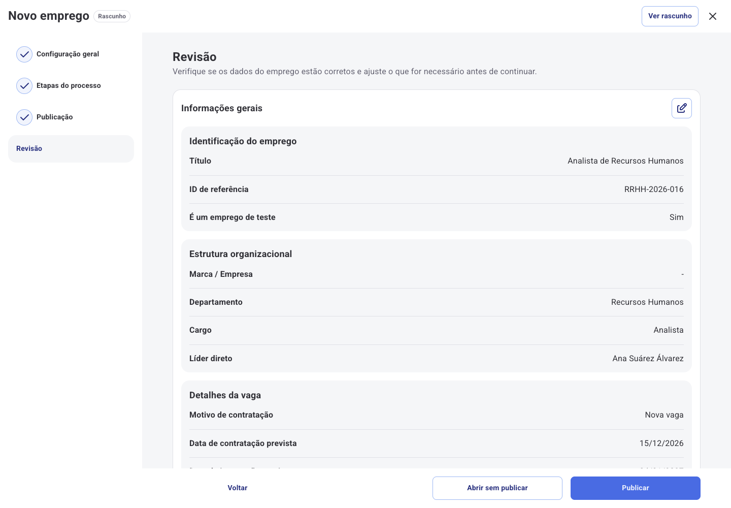 Etapa Revisão com o resumo do emprego e os botões Abrir sem publicar e Publicar