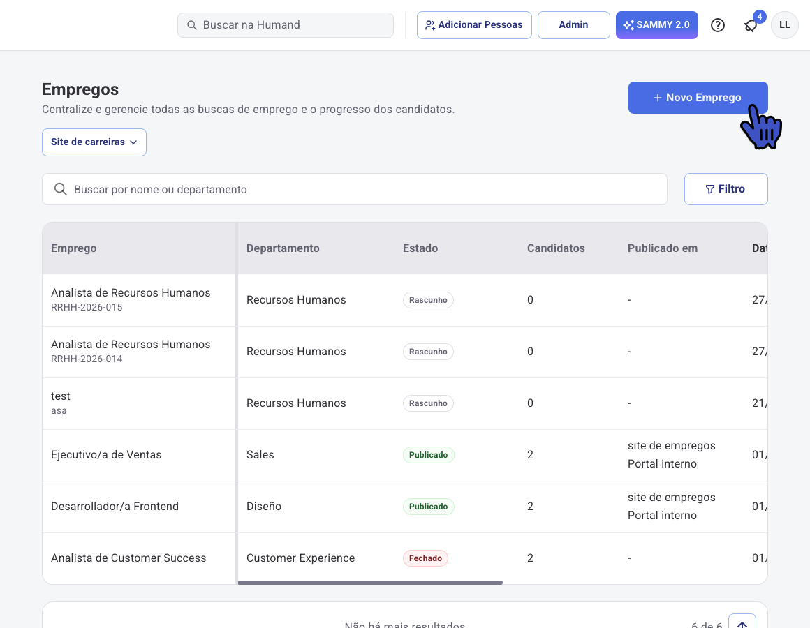 Lista de Empregos em Recrutamento com o botão Novo Emprego