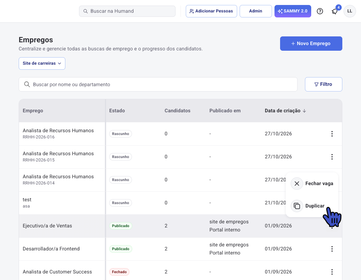 Menu de um emprego na lista com as opções Fechar vaga e Duplicar
