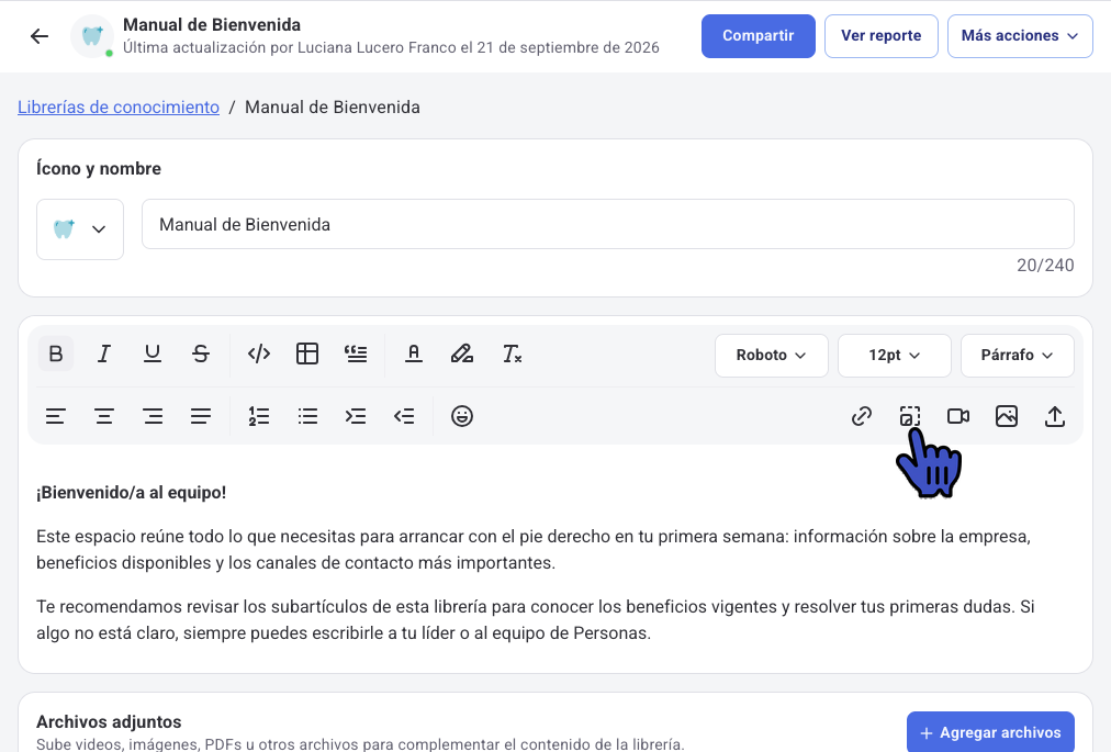 Editor de un artículo de Librerías de conocimiento con el ícono Embeber HTML señalado