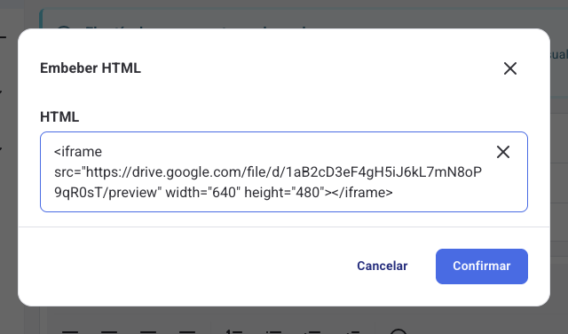 Modal Embeber HTML con el código de un archivo de Google Drive pegado