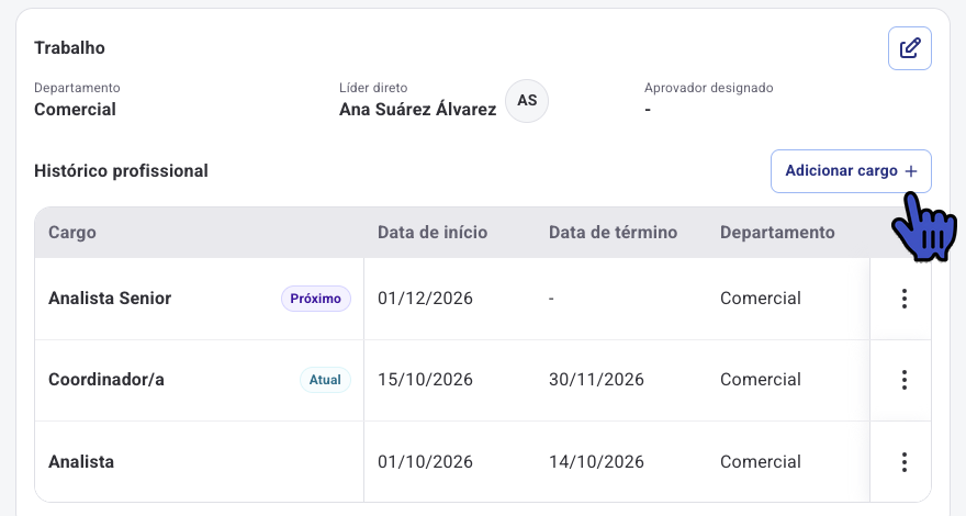 Seção Trabalho com a tabela de Histórico profissional e o botão Adicionar cargo
