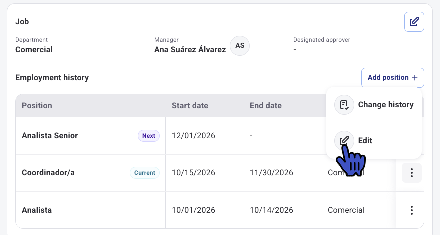 Three-dot menu of a position with the Change history and Edit options