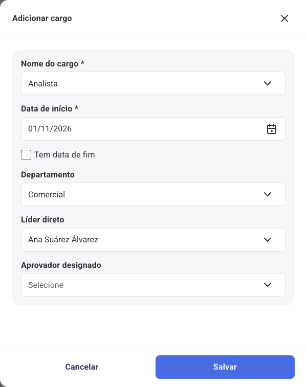 Formulário Adicionar cargo com nome do cargo, data de início e departamento preenchidos