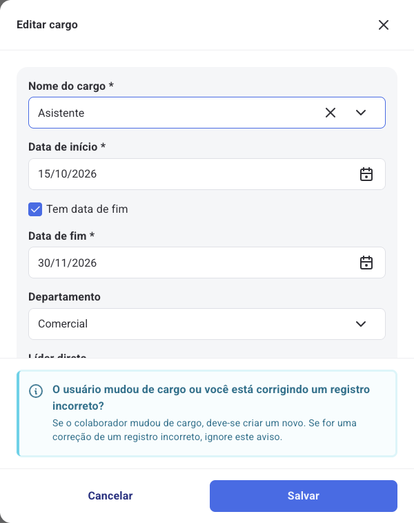 Formulário Editar cargo com o aviso de mudança de cargo ou registro incorreto