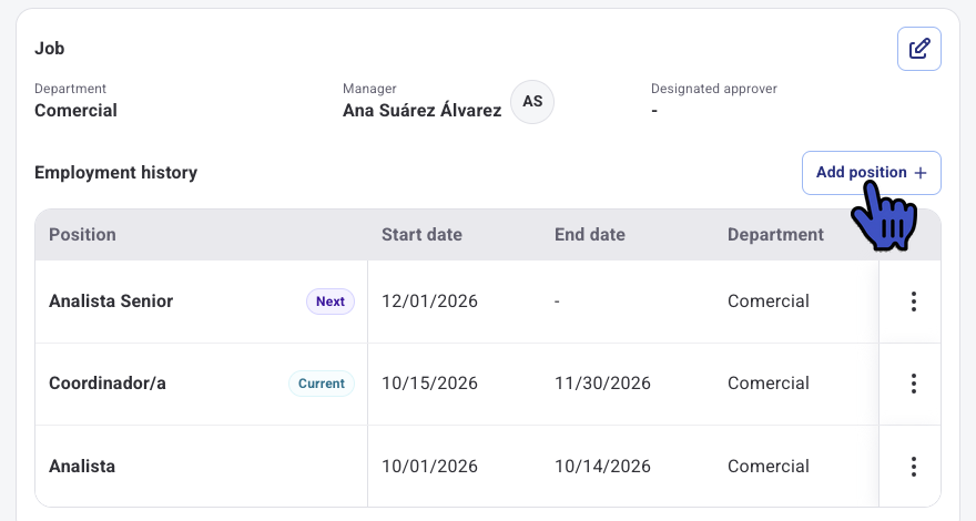 Job section with the Employment history table and the Add position button