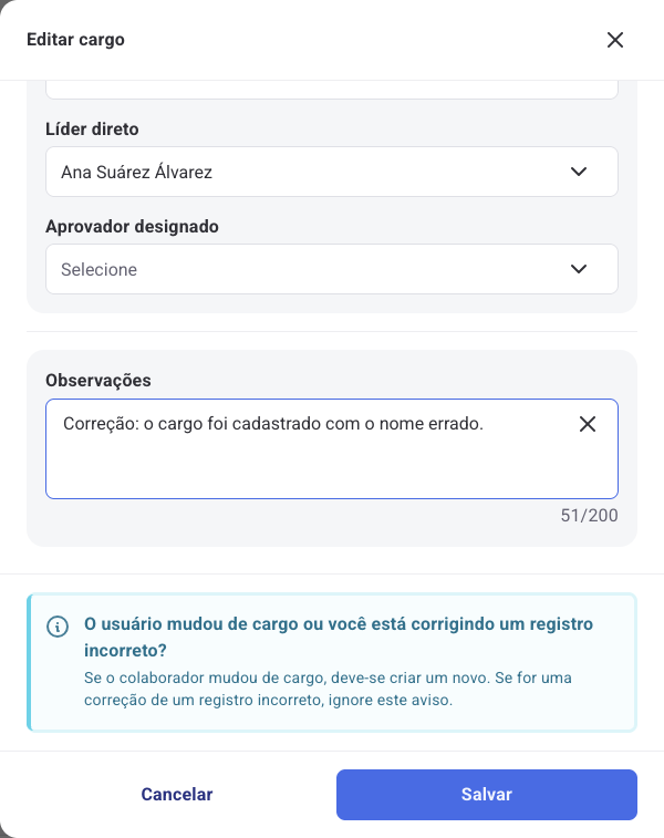 Campo Observações preenchido no formulário Editar cargo