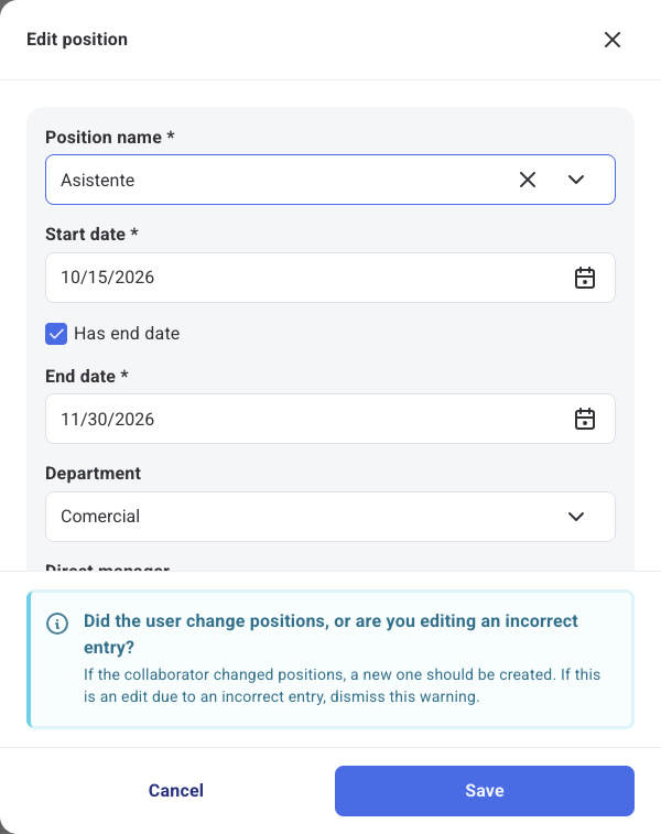 Edit position form with the position change or incorrect entry warning