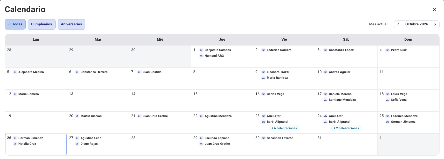 Celebrations calendar in Humand Web, with the monthly view, the filters and the celebrations of each day