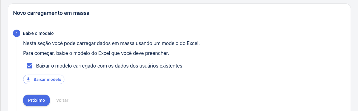 Passo Baixe o modelo com a caixa de usuários existentes marcada e o botão Baixar modelo
